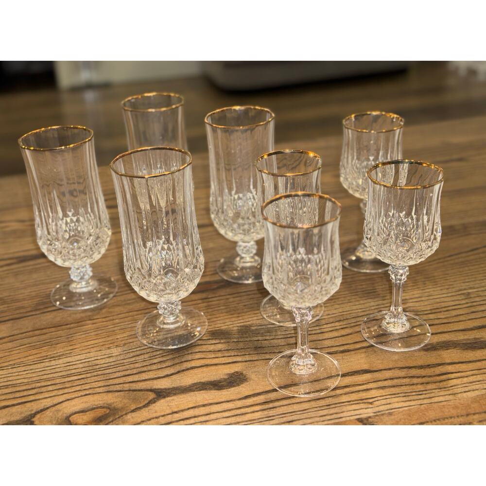 Set of 8 Crystal D'Arques France Longchamp Clear Wine, Liquor Barware Set